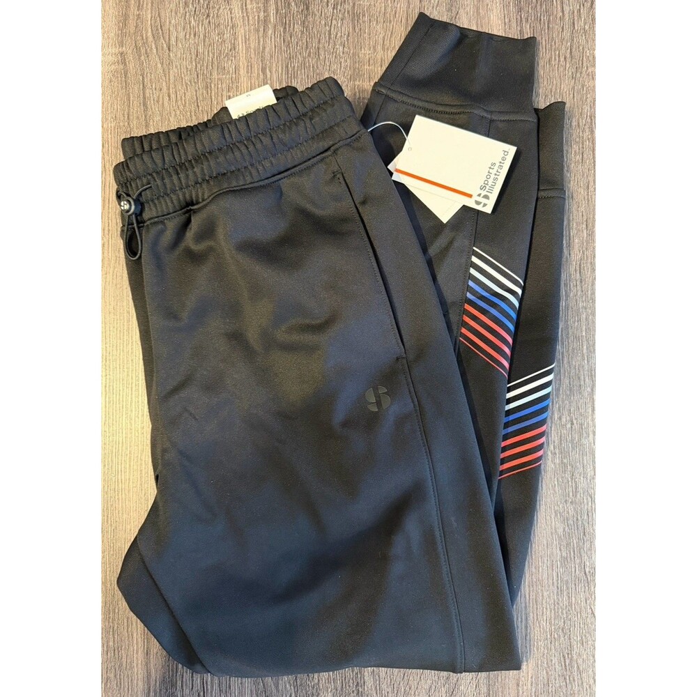 NWT Sports Illustrated Mens Medium Black Joggers Sweat Pants Stripe Accent